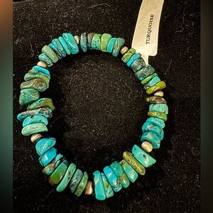 Vintage Sterling Silver Blue Turquoise Beaded Stretch Bracelet